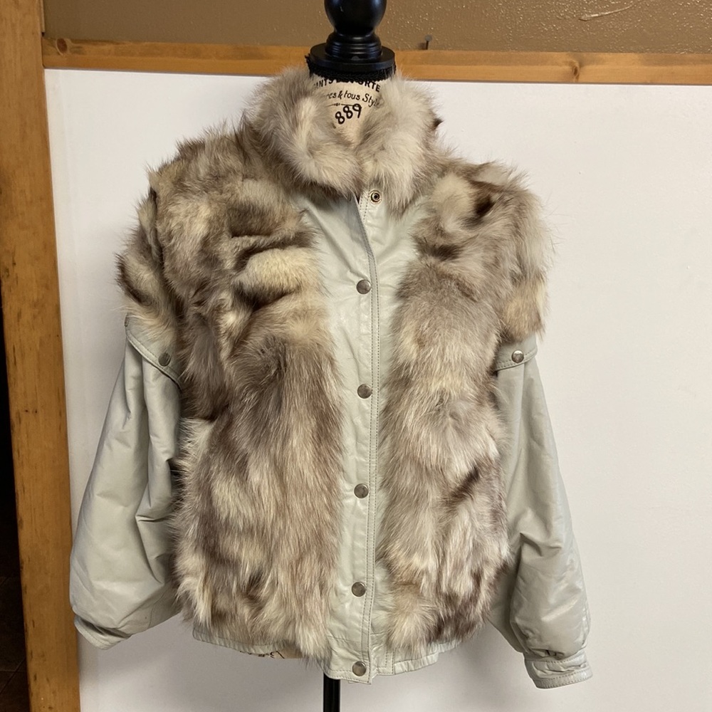 Vintage Blue Fox Belly with Leather Sleeves Jacket M